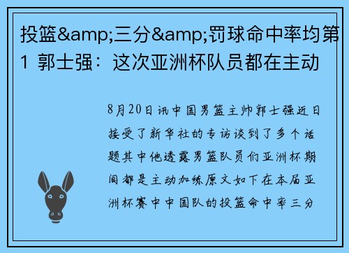 投篮&三分&罚球命中率均第1 郭士强：这次亚洲杯队员都在主动加练